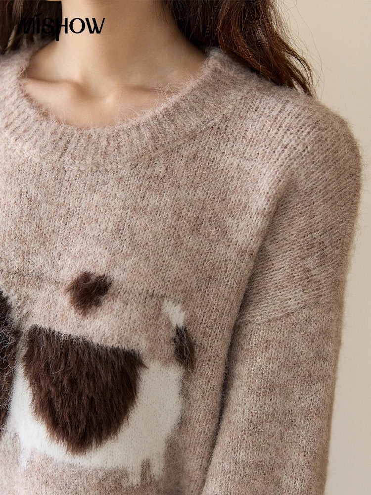 MISHOW Women's Solid Knitted Sweater 2025 Autumn Winter Dog Pattern Jacquard Crew Neck Fluffy Warm Loose Pullover Top MXE94Z2988