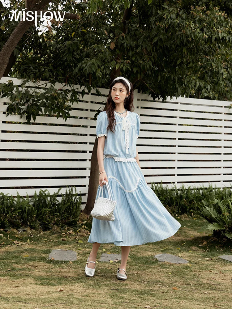 MISHOW Elegant Summer Skirts Sets Women 2025 Short Sleeve V-neck Tops Blue Stripe Lace A-line Skirt Woman Slimming MXE31T0531