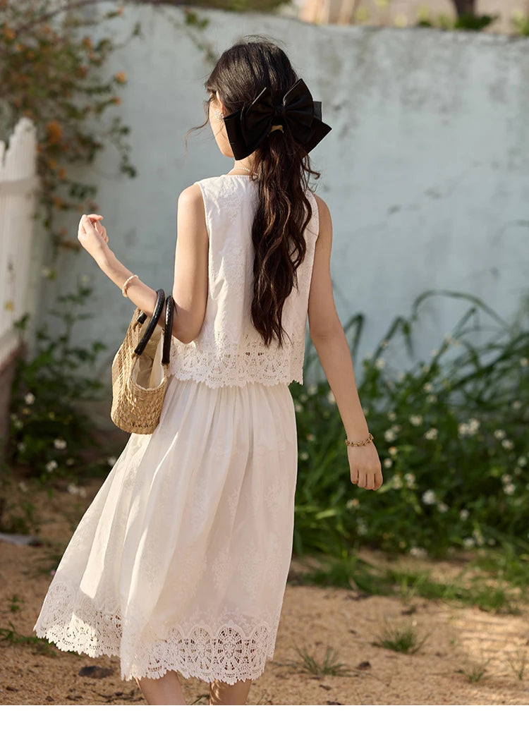 MISHOW 2 Pieces Set Woman Embroidery V-neck Hollow Lace Up Sleeveless Top Summer 2025 Slim Elastic Waist Skirt Set MXE33T0593