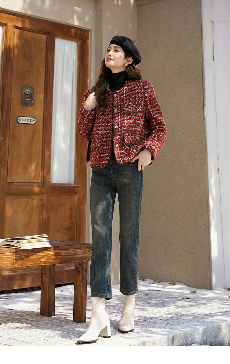 MISHOW Tweed Jacket for Women Luxury 2025 Winter Wool Blend Thick Coat High Quality Fashion Crew Neck Outerwear Top MXC57Y0021