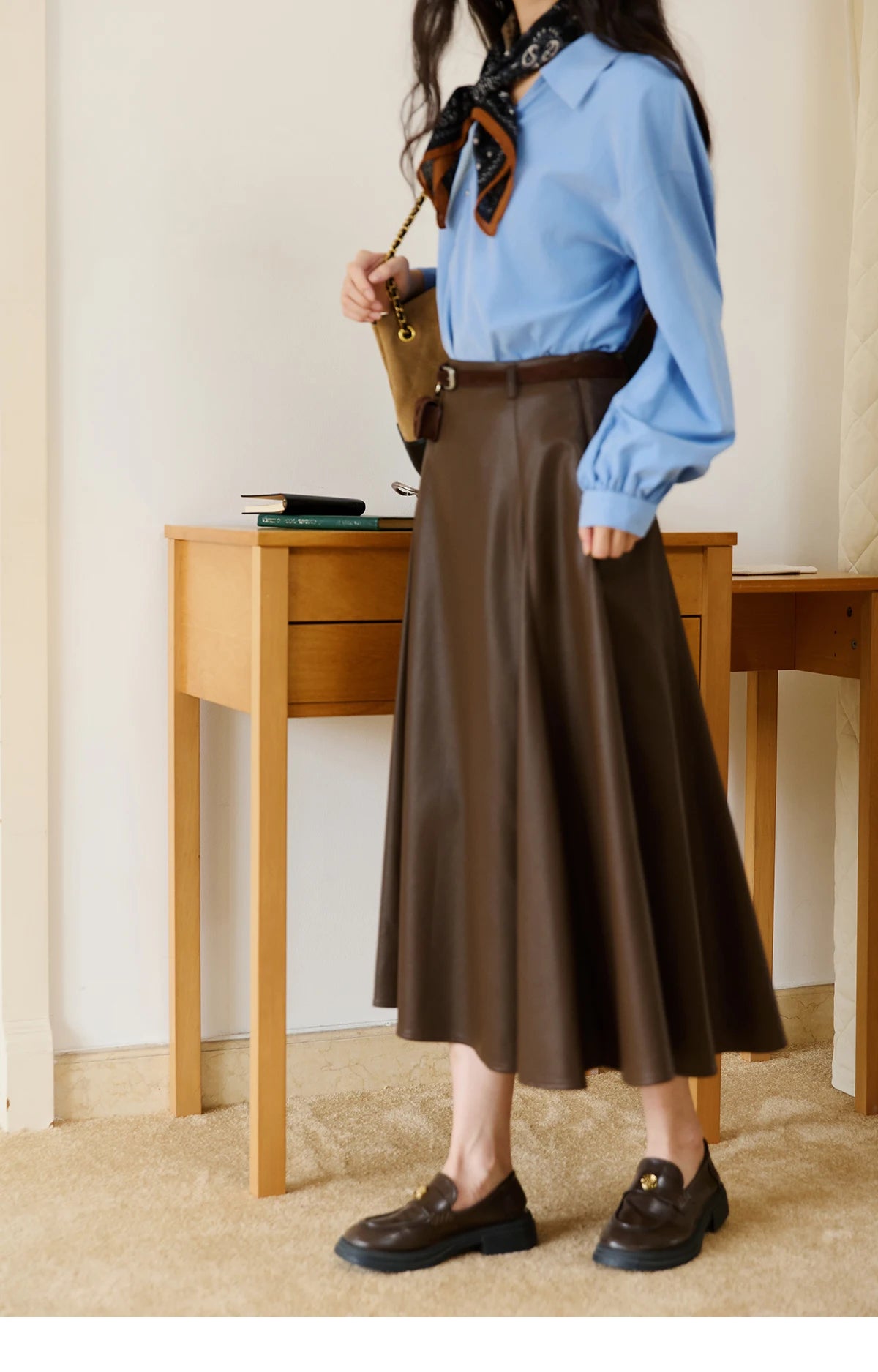 MISHOW PU Leather Skirt for Women 2025 Autumn High Waist A-line Skirt Retro Coffee Versatile Skirts Excluding Belt MXE45B2412
