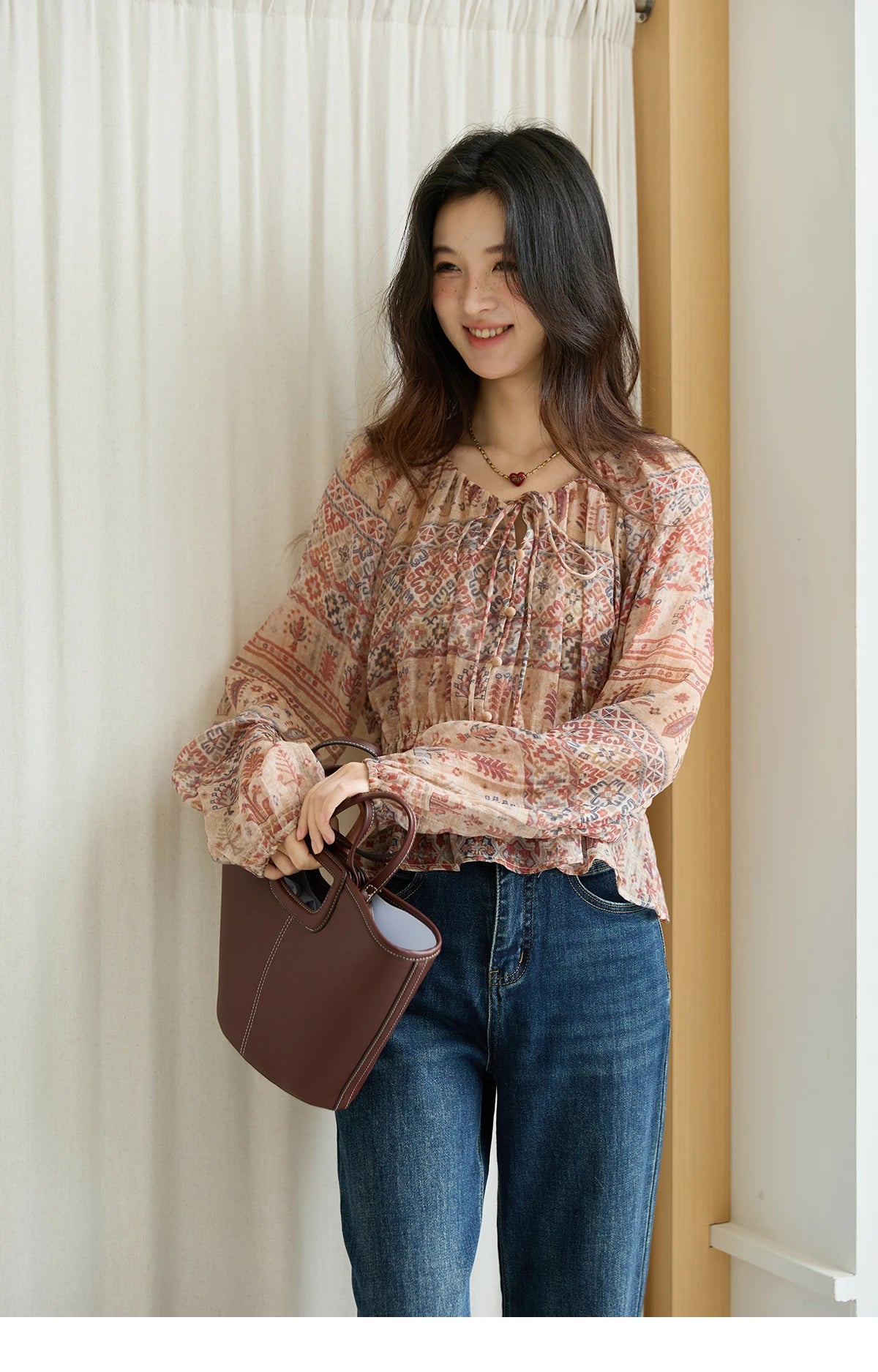 MISHOW Blouse Women 2025 National Style Printed Waist Round Neck Long-sleeved Top Commute Comfortable Autumn Blouse MXE47X2508