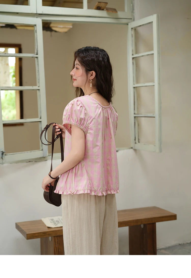 MISHOW Women's Puff Sleeve Plaid Button Shirt 2025 Summer New Fashion O-Neck Wood Ear Casual Shirt Cotton Pink Top MXE39X1932