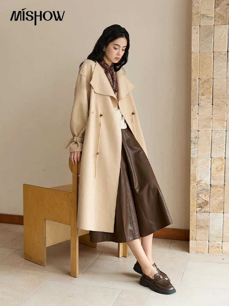 MISHOW Woolen Coat for Women 2025 Autumn Winter New Style Drawstring Waist Large Lapel Mid-length Commuter Loose Coat MXE45W0841