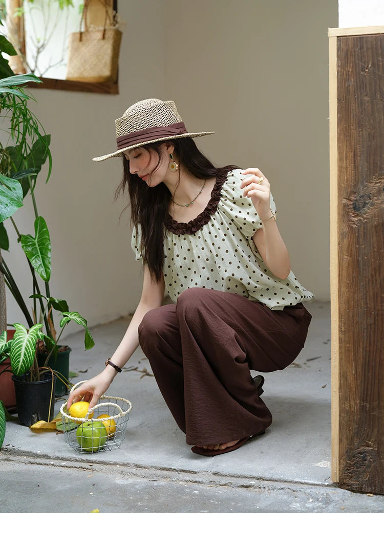 MISHOW 2025 Summer Women's Two Piece Set Polka Dot Puff Sleeve Top Casual Pocket Wide Leg Pants Set Female Clothing MXE39T0657