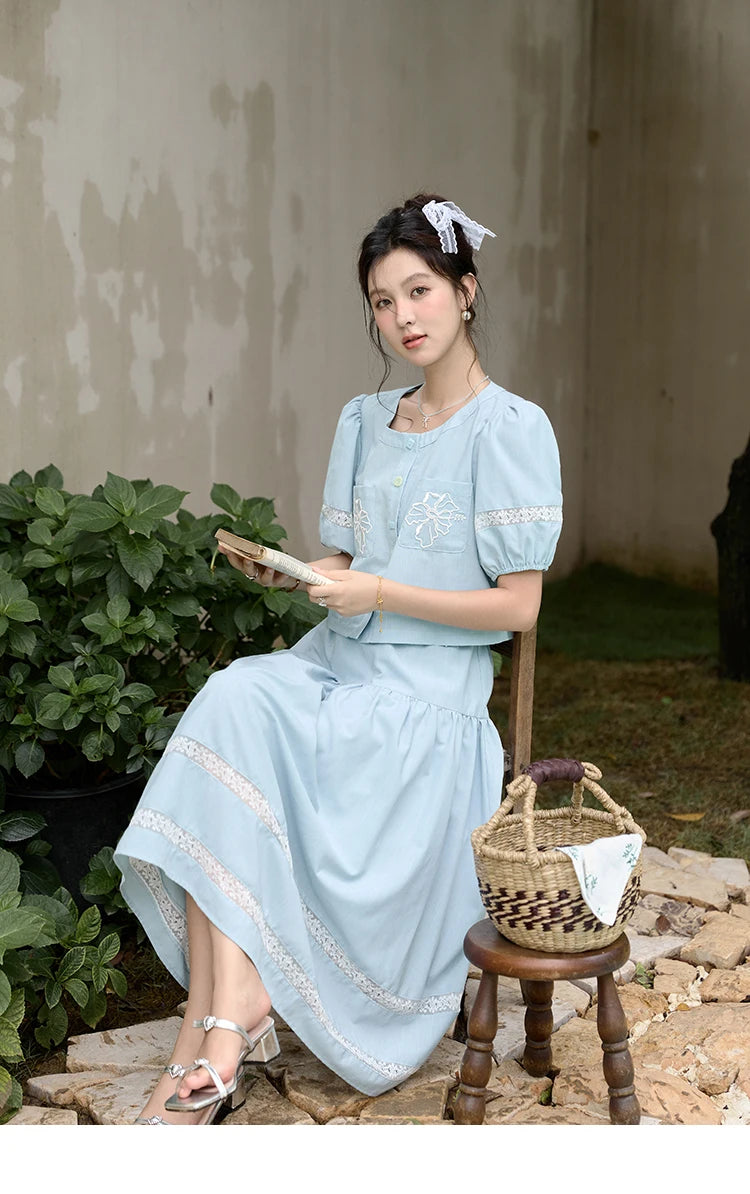 MISHOW Blue Pocket Patchwork Lace Shirt Elastic Waist Skirt Separately 2024 Summer Korean Round Neck Top Sweet Skirts MPD22B0450