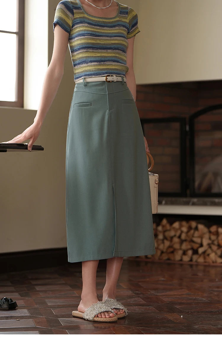 MISHOW Women's Suit Straight Midi Skirt 2025 Summer High Waist Slim Solid Front Fork Female Rear Elastic Waist Skirts MXC15B0026