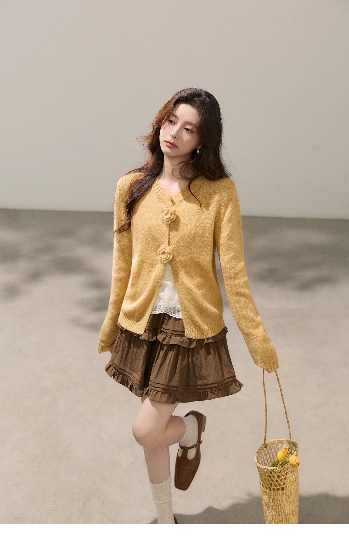 MISHOW Women's Flower Decor Mohair Fork Knit Cardigan 2026 Spring Crew Neck Long Sleeve Tops Casual Solid Sweater MXF15Z3051