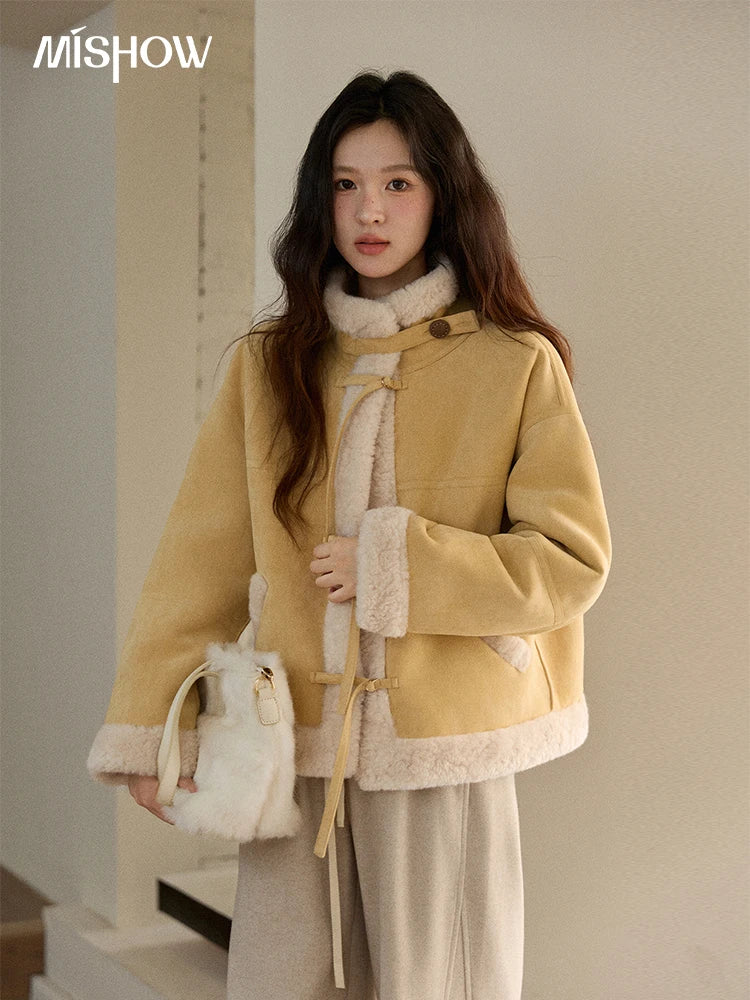 MISHOW  Woman Yellow Jackets 2025 Winter Suede Fur Collar Short Coat Luxury Comfortable Single-breasted Commuter Coat MXE89W0897