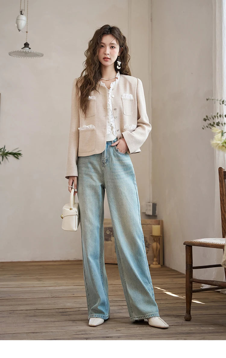 MISHOW French Fragrant Coat Solid Skirt Separately 2025 Spring Collar Pocket Splicing Lace Top Hem Split Back Skirt MXD12W0274