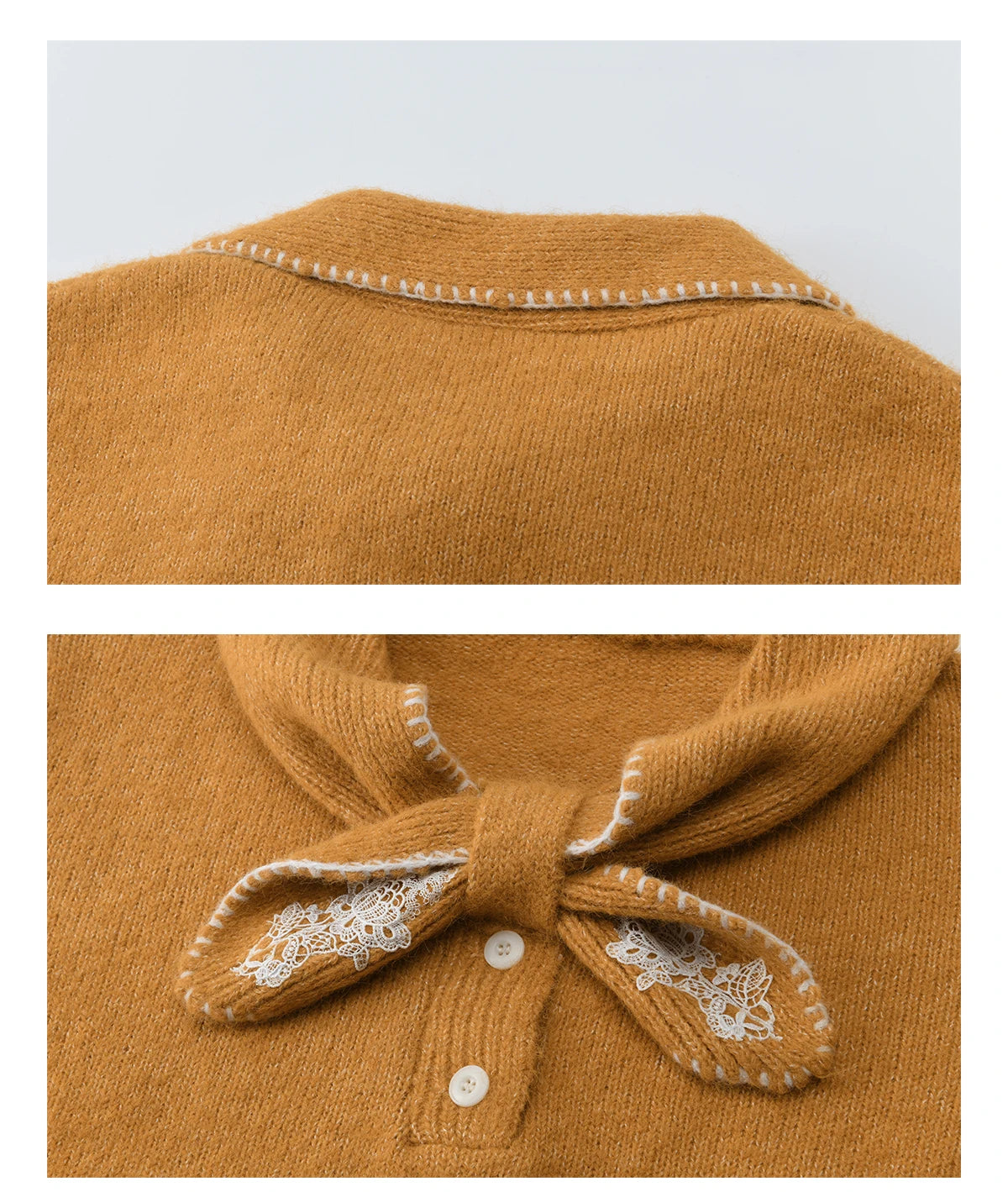 MISHOW Women's Yellow Knitted Sweater 2025 Autumn Winter Bow Collar Splicing Lace Tops Loose Warm Pullover Sweaters MXE94Z2971