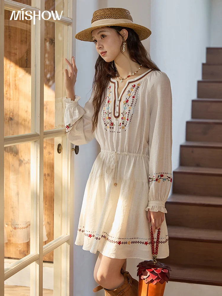 MISHOW Woman Long Sleeve Dress Autumn Elegant V-neck Embroidered Drawstring Waist Dress A-line Bohemian Midi Dresses MXE44L2489