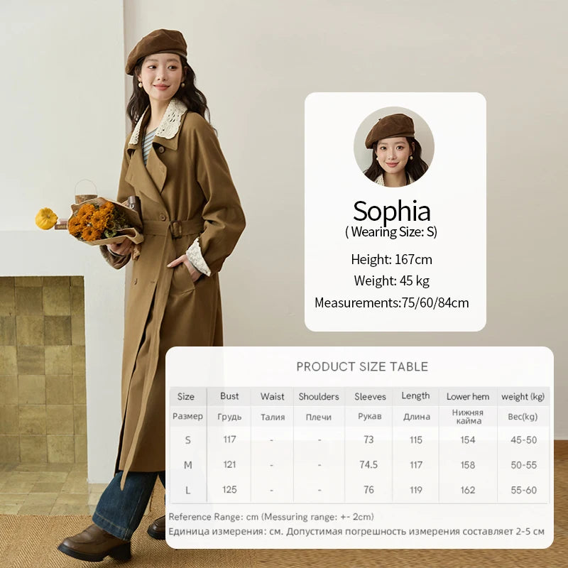 MISHOW Trench Coat Women 2025 Autumn Fashion Light Khaki Lace Long Windbreaker Jacket Long-sleeved Coat with Belt MXE45W0830