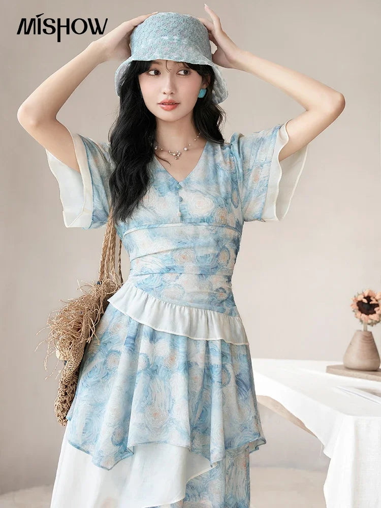 MISHOW [Van Gogh Collection] Fairycore Dresses 2025 Summer Double Layer Sleeves Asymmetrical V-Neck Printing Dress MXC39L1527
