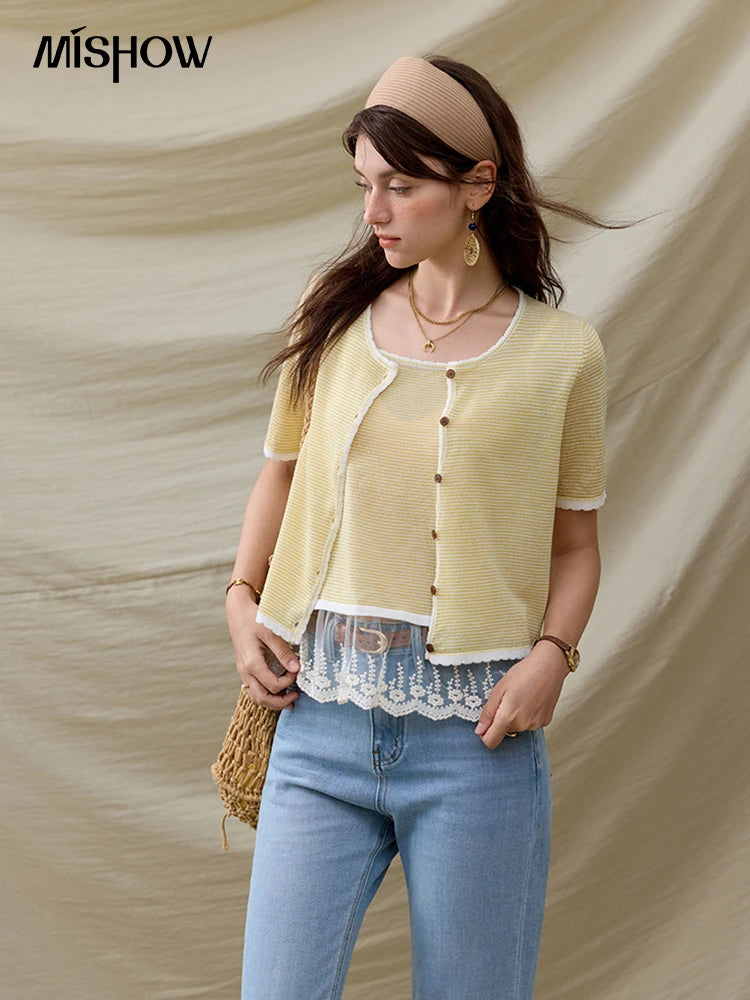 MISHOW Summer Camisole Cardigan Sets for Women 2025 Short Sleeve Round Neck Hem Lace Knitted Tops Female Fashion MXE33T0582