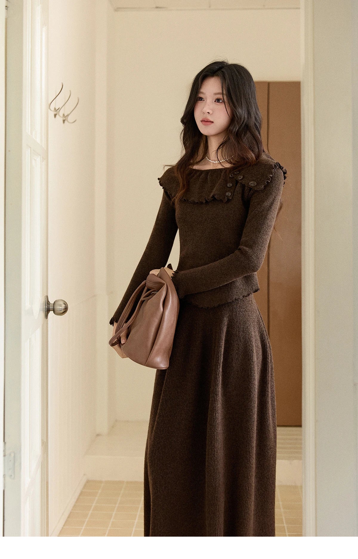 MISHOW Women's Retro Knitted Two-Piece Set 2025 Winter Coffee Ruffle Boat Neck Top A-Line Elastic Waist Skirt Outfit MXE93T1455