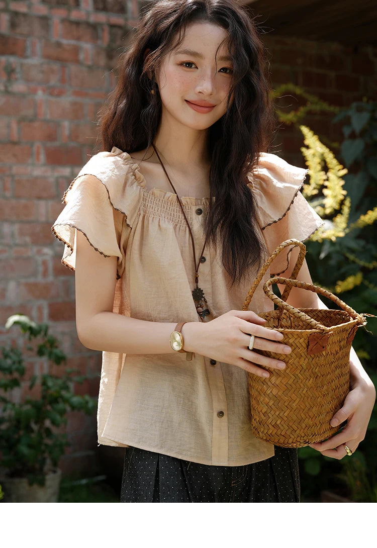 MISHOW Women's Fashion Butterfly Sleeve Blouse Summer 2025 New Loose Casual Square Neck Button Top Women's Clothing MXE37X1854