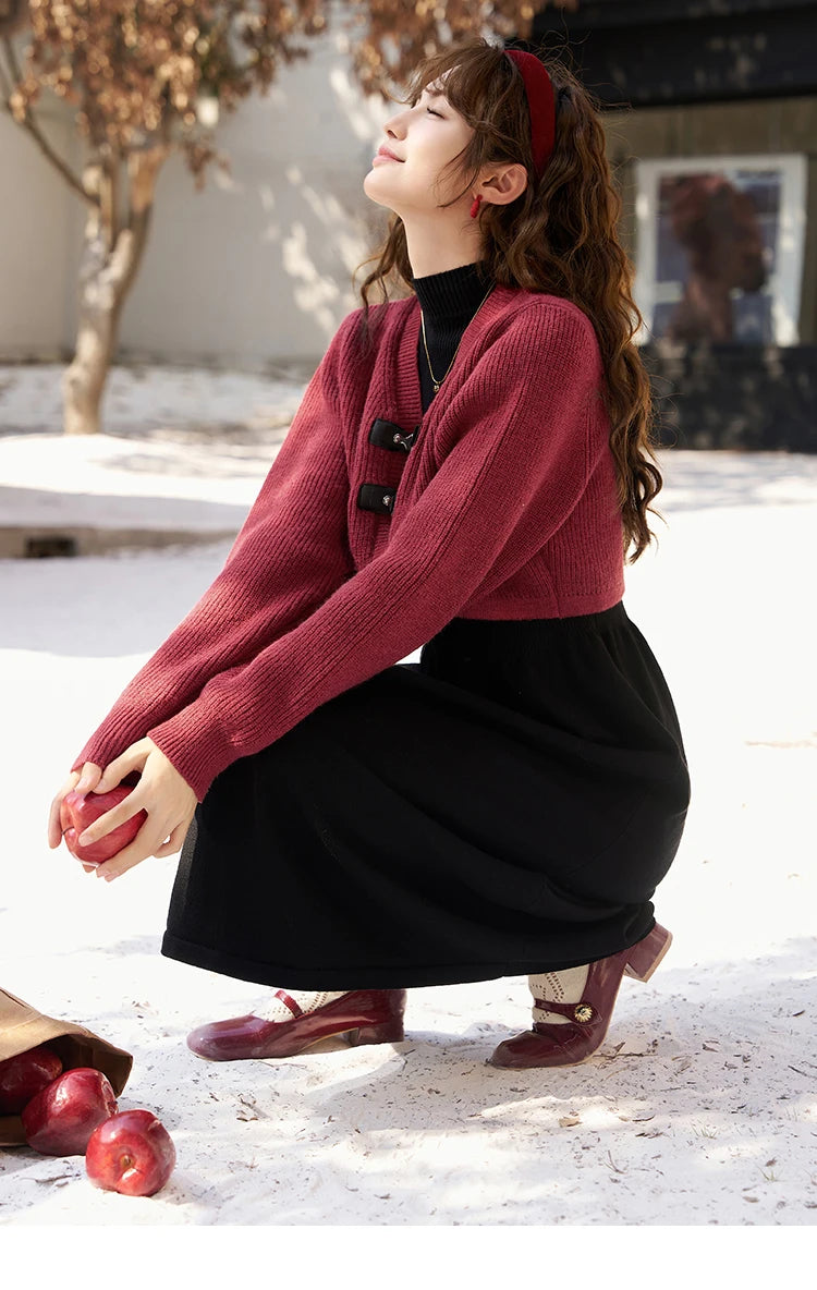 MISHOW Knitted Dress Solid Cardigan Separately Women Winter V Neck Sweater Midi A-line High Waist Dress Short Tops MXC59L1646