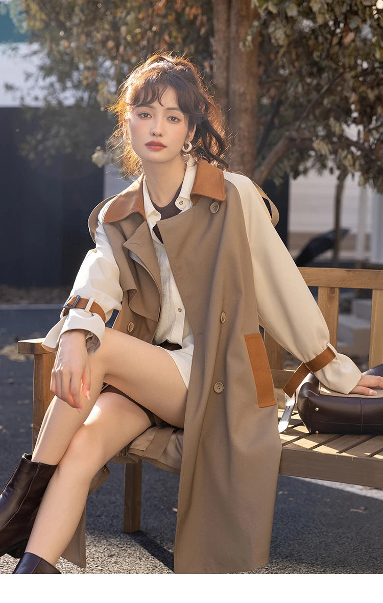 MISHOW Autumn Women's Khaki Trench Contrast Color Woman Clothes Spliced Turn-down Collar All-match Casual Jacket MXB31W0367
