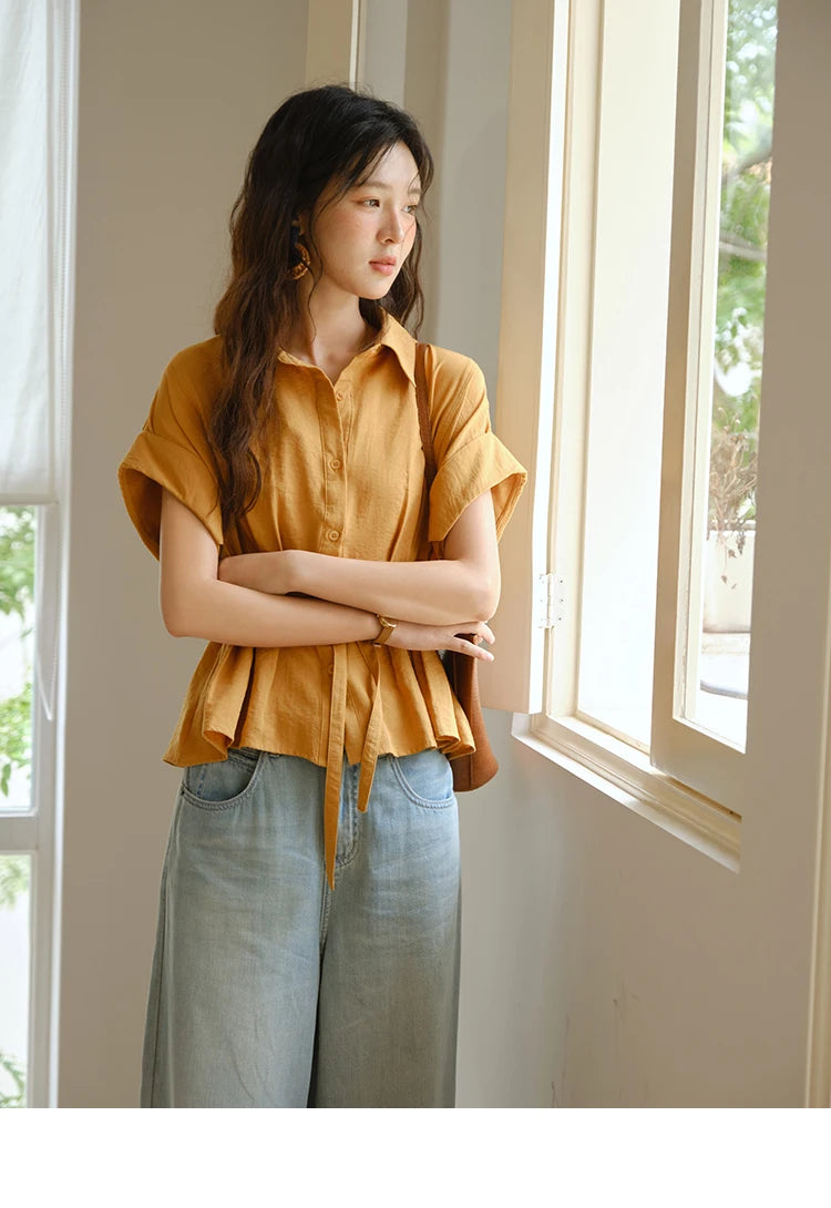 MISHOW Women's Casual Shirt 2025 Summer New Lace Up Button Turn-Down Collar Top Retro Orange Shirt Women's Clothing MXE37C0809