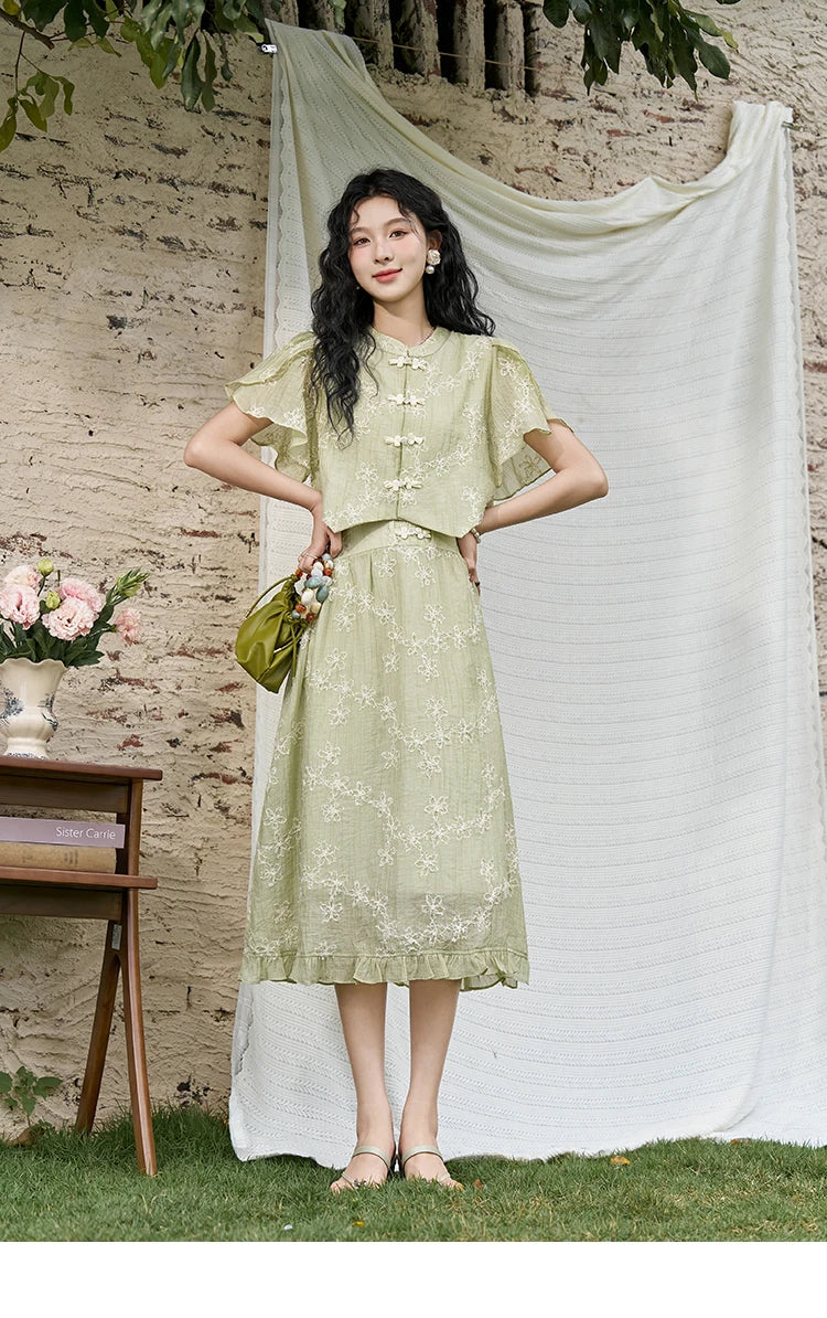 MISHOW Chinese Green Stand Collar Lotus Leaf Overlapping Sleeve Top Hem Stringy Selvedge Skirt Separately 2024 Summer MXD22X1388