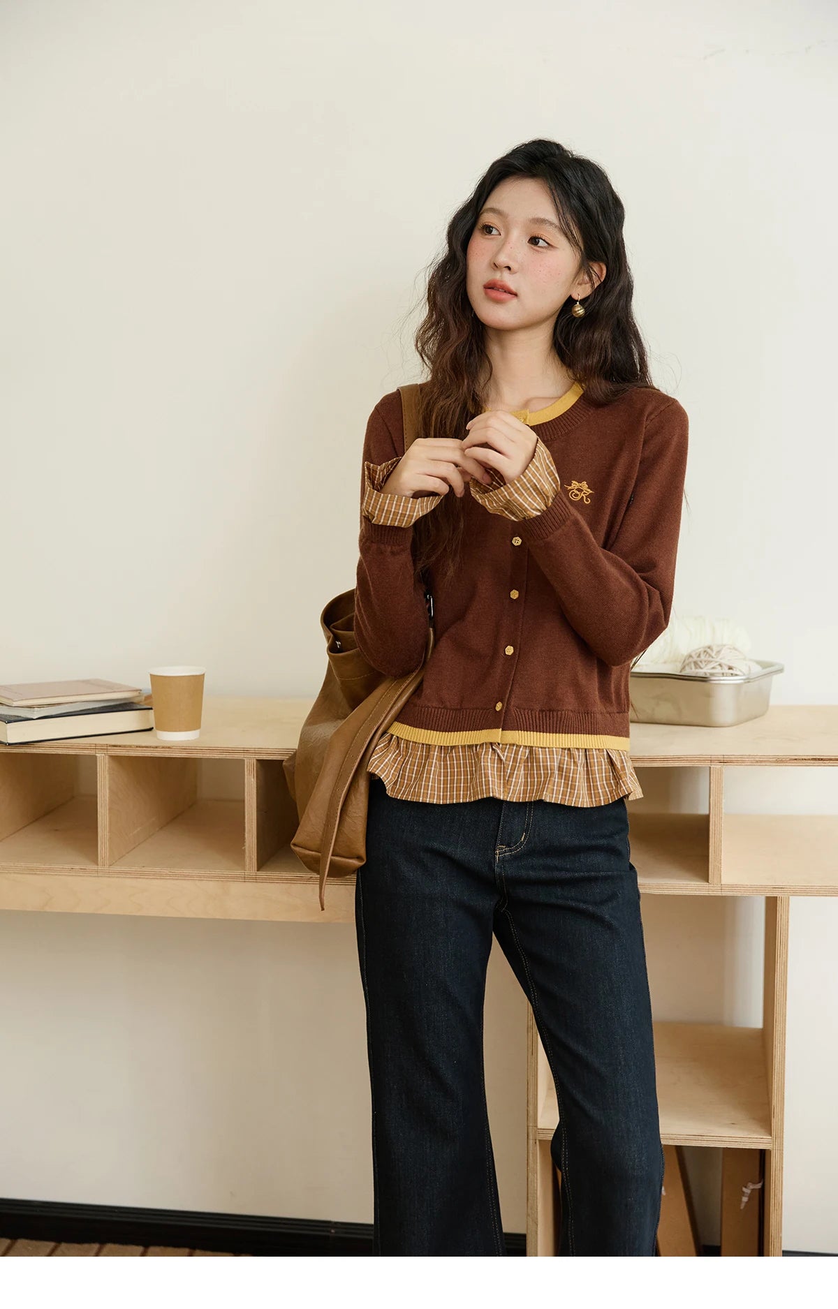 MISHOW Fake Two Knitted Sweaters Autumn Retro Color Contrasting Bow Embroidered Sweater Hemp Cuff Splicing Plaid Top MXE46Z2495