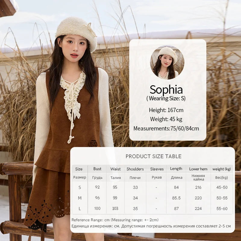 MISHOW Women's Elegant Brown Retro Suede Vest Dress 2025 Autumn Winter Hollow Out V-Neck Tank Dress Sleeveless Dress  MXE51L2524