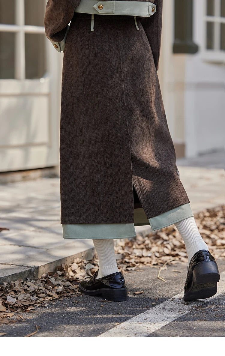 MISHOW Fragrant Jacket Rear Hem Slit Skirt Separately 2024 Winter Lapel Jackets Splicing Contrasting Leather Skirts MXD43W0444