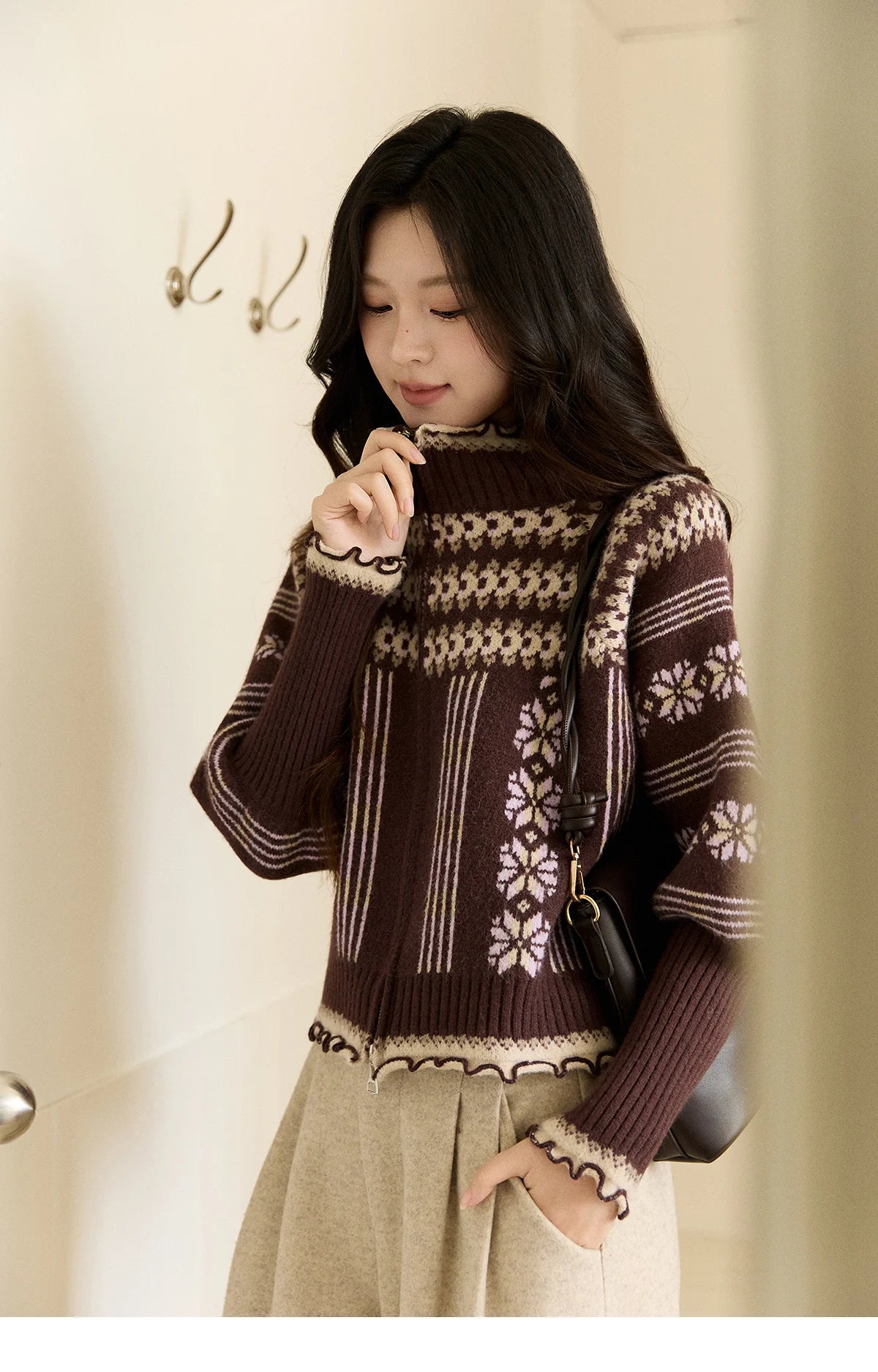 MISHOW Women's Brown Knitted Fair Isle Sweater Vintage Jacquard Lantern Sleeves Zipper Top Ruffled Trim Warm Sweaters MXE91Z2868