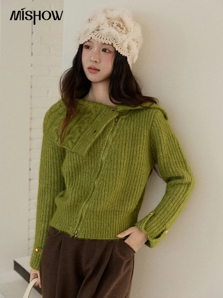MISHOW Woman Green Sweater 2025 Winter Wool Blend Long-pile Large Lapel Knit Top Loose Design Commute Pullovers MXE90Z2760