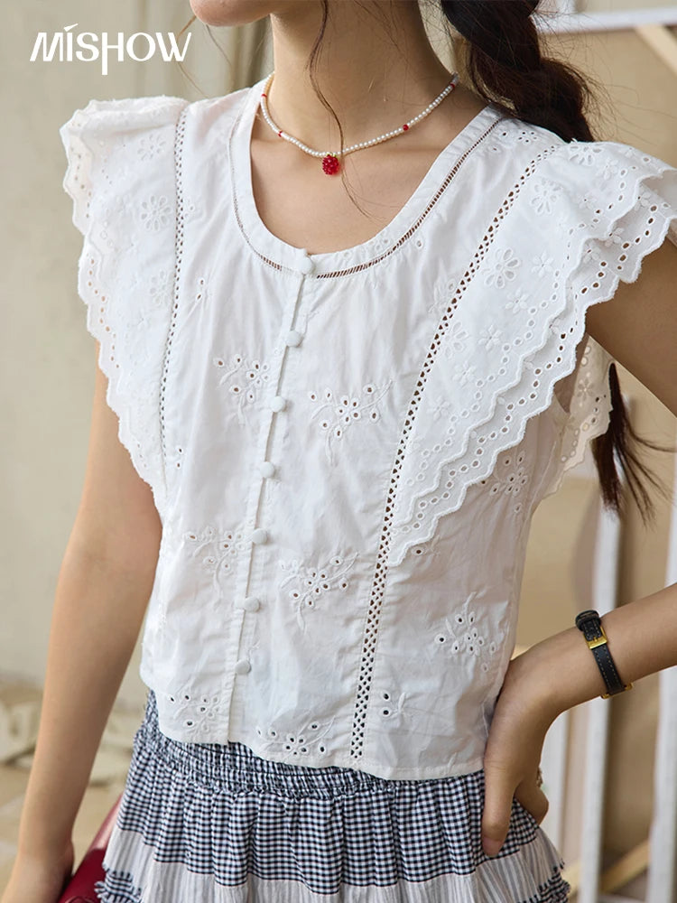 MISHOW Flying Sleeve Blouses for Women Summer 2025 Korean Slim Waist 100 Cotton Solid Blouse Hollowed Out Lace Tops MXE36X1844