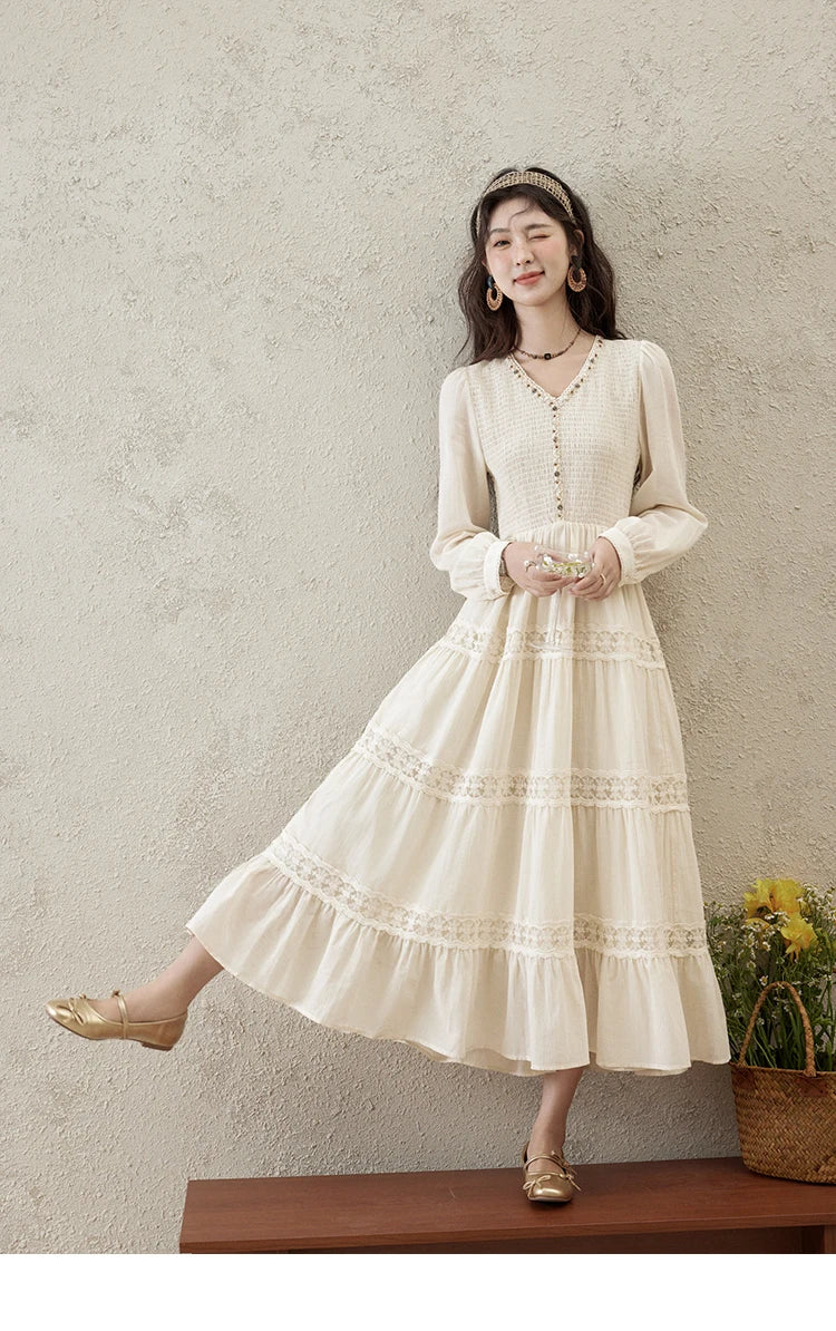 MISHOW Apricot Vacation Dress for Women Spring 100 Cotton Splicing Lace Retro Dress V-neck Waist Slim Long Dresses MXE16L2168