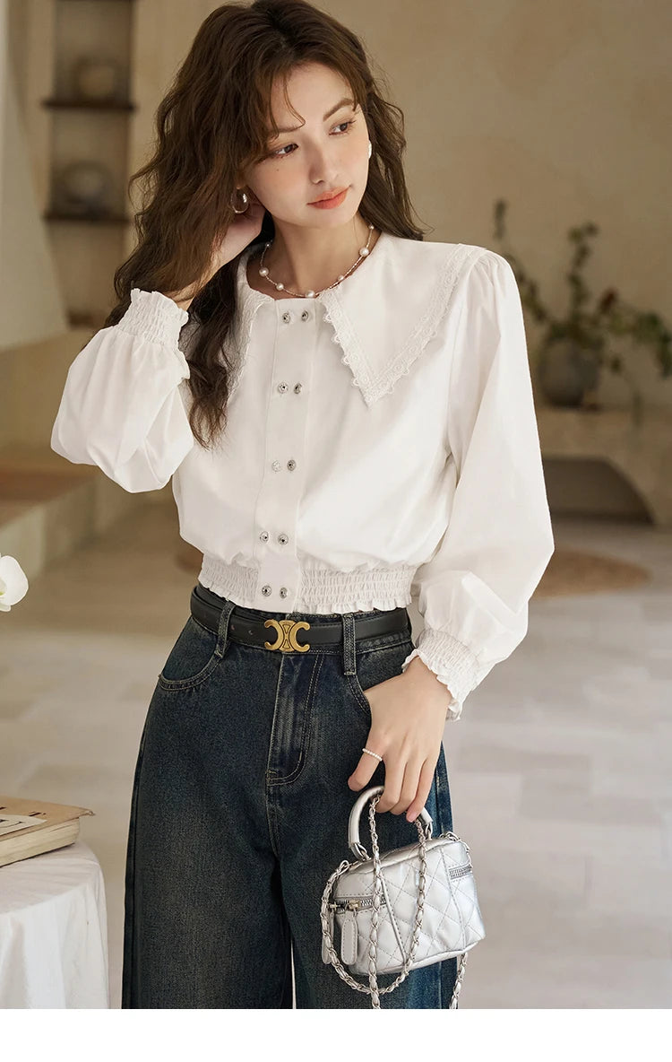 MISHOW Korean Doll Neck Shirt 2024 Spring Lace Patchwork Bubble Sleeve Elastic Hem Double Breasted Solid Short Tops MXD12C0164