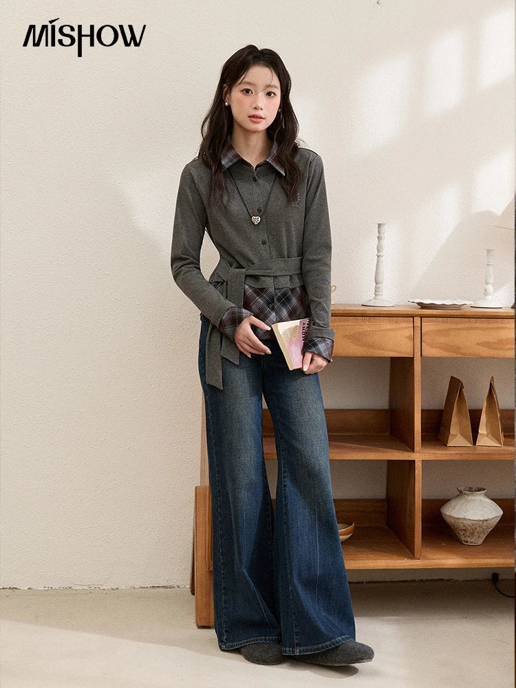 MISHOW Women's Shirt 2025 Autumn Winter Fake Two-piece Plaid Patchwork Knit Top Lapel Waist Tie Embroidery Design Top MXE89C2421