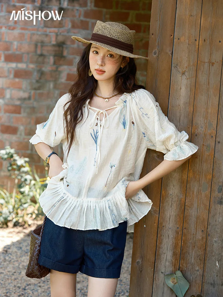 MISHOW Women's V-neck Lace Up Blouse 2025 Summer New Fashion Embroidery Mushroom Edge Commute Top Women's Blouse MXE39X1959