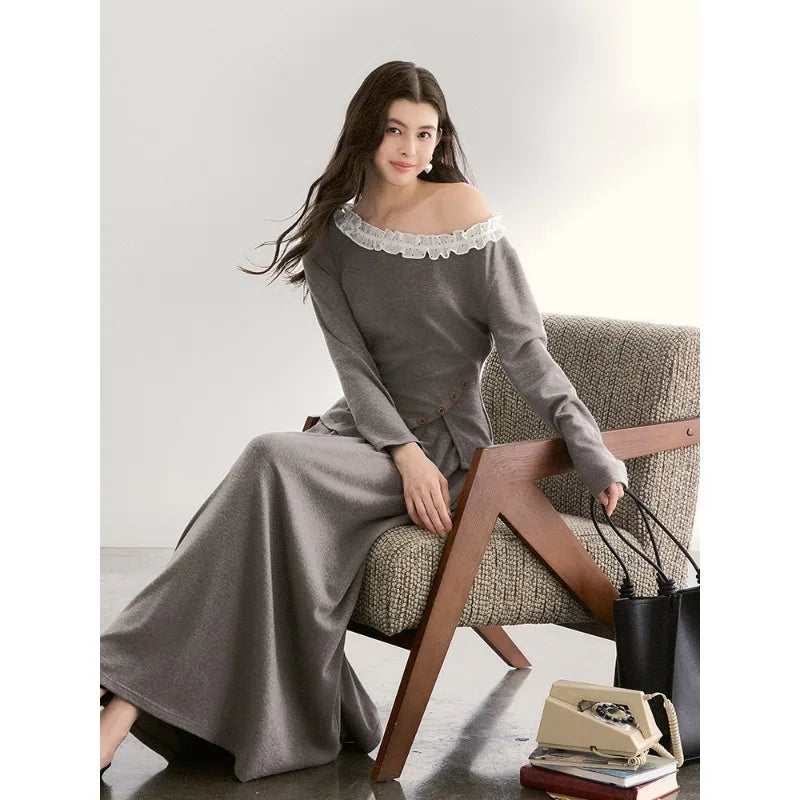 MISHOW Women's Grey Irregular Top Elastic Waist Skirt Two-Piece Set Spring Off-Shoulder Lace Trim Top Maxi Skirt Set MXF13T1479
