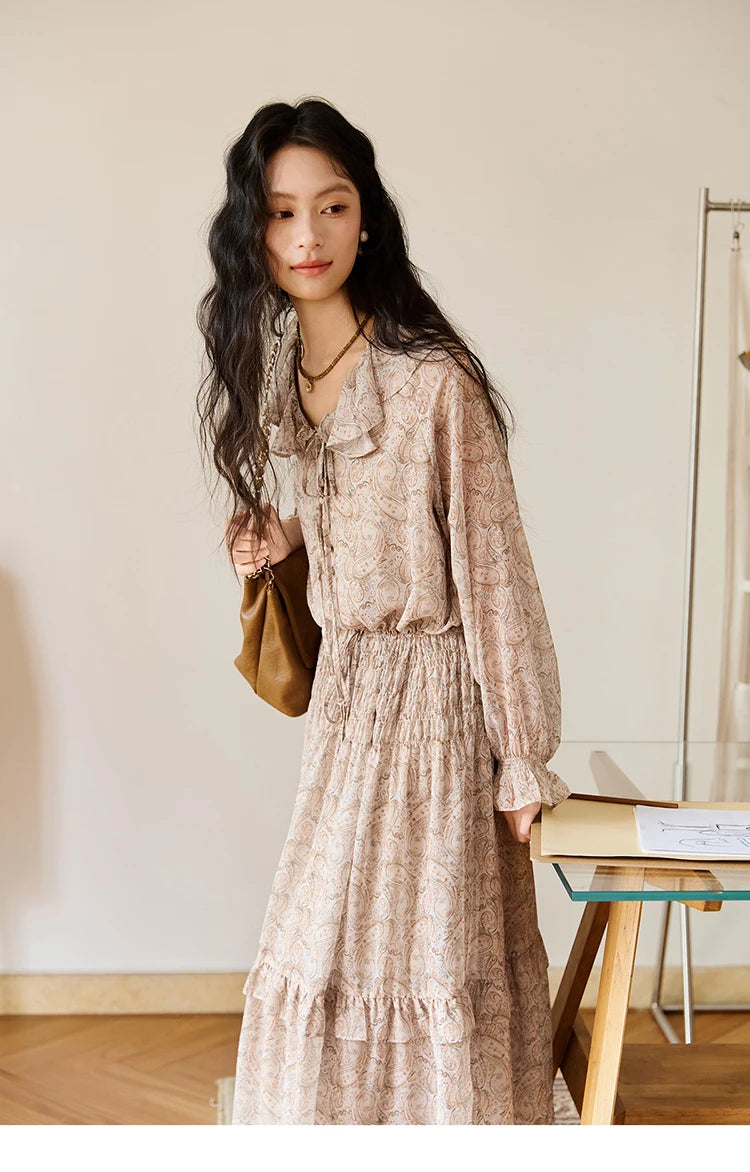 MISHOW Cashew Flower Dress for Woman 2025 Autumn Romantic Style Printed Dress Long Sleeve Ruffled Tie Waist Dress MXE46L2520