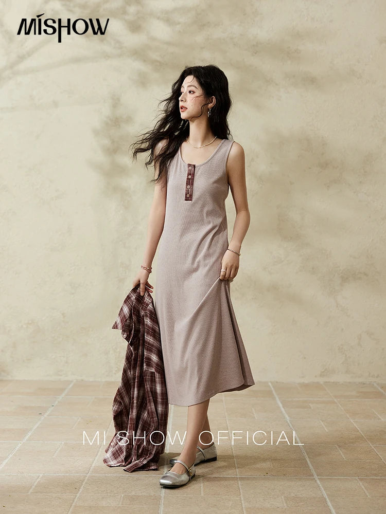 MISHOW Women's Plaid Shirt Grey Vest Dress Separately Spring Lapel Collar Shirt U-neck Sleeveless Dresses (Not A Set) MXE13L2093