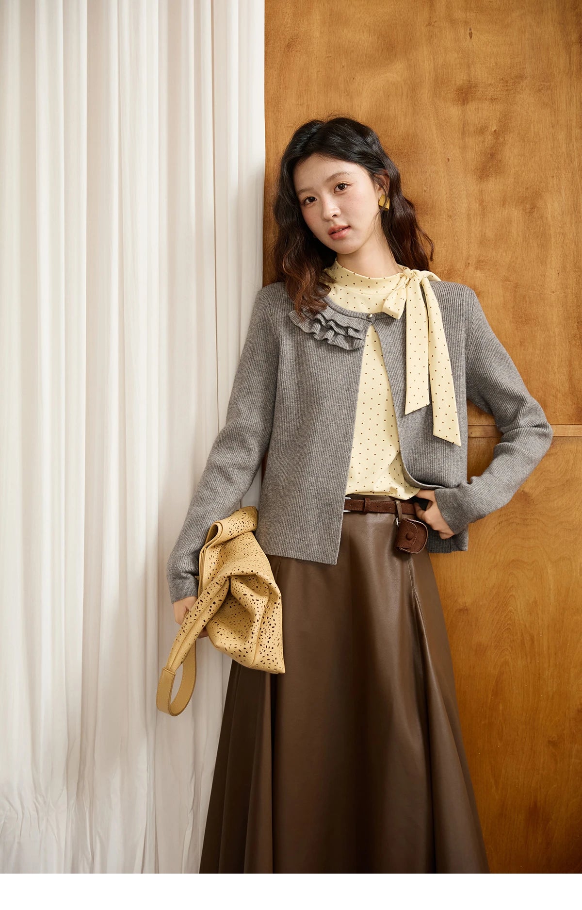 MISHOW Gray Knitted Cardigan Women 2025 Autumn Winter New Ruffled Collar Floral Yarn Striped Loose Lazy Casual Tops MXE45Z1378