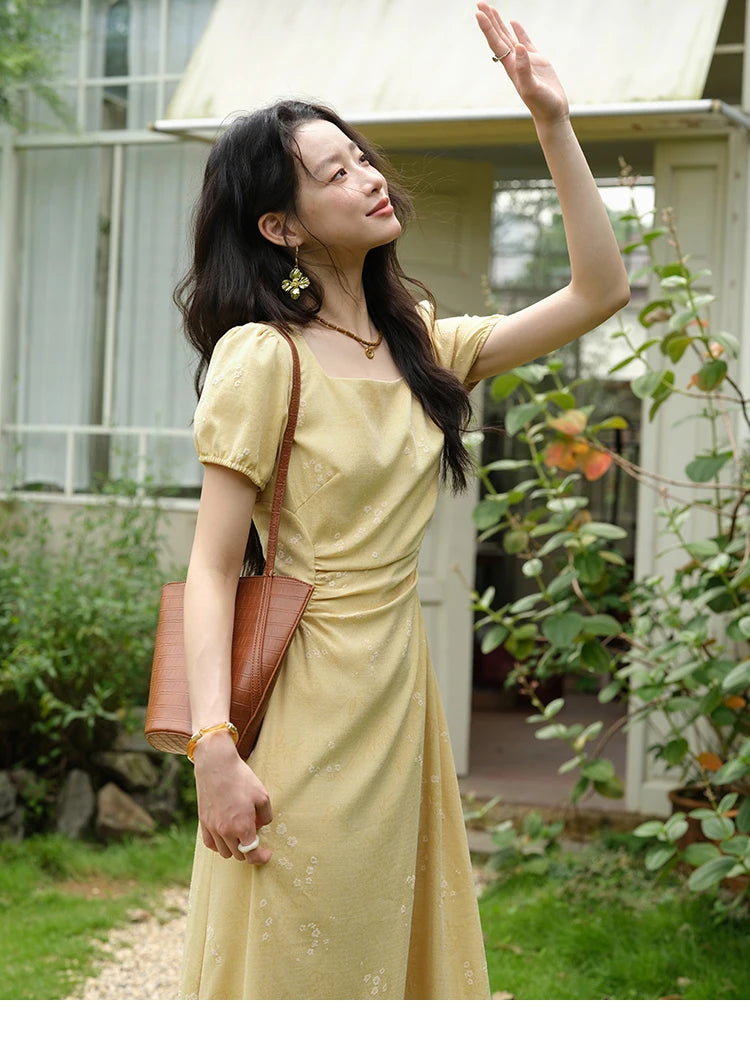 MISHOW Women's Clothing Fashion Square Neck Puff Sleeve Dress Summer 2025 New Bamboo Leaf Jacquard Pattern Dresses MXE39L2415