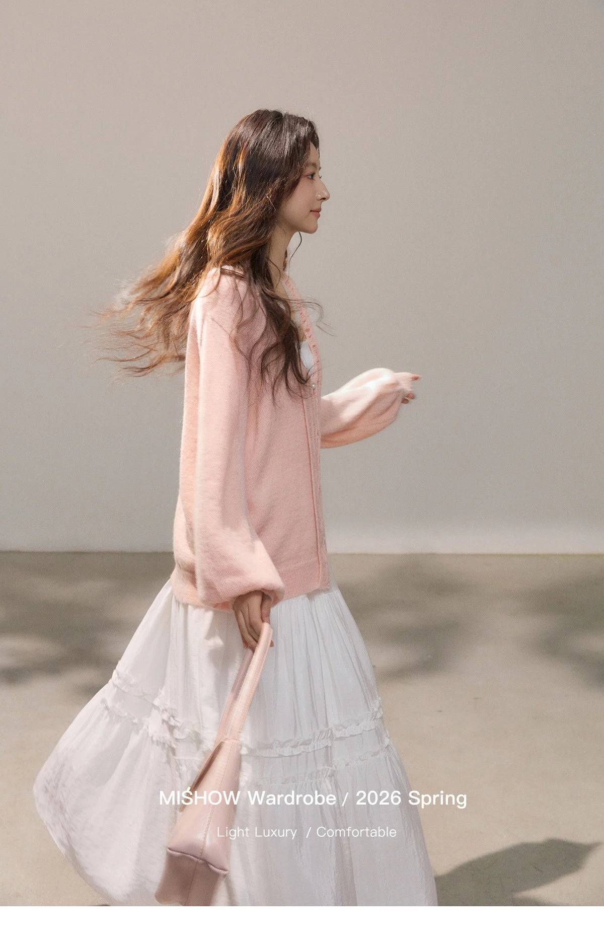 MISHOW Women's Pink Sweet Knit Cardigan 2026 Spring V-Neck Ruffled Trim Pearl Button Cardigans Loose Knitted Sweater MXF108Z1028