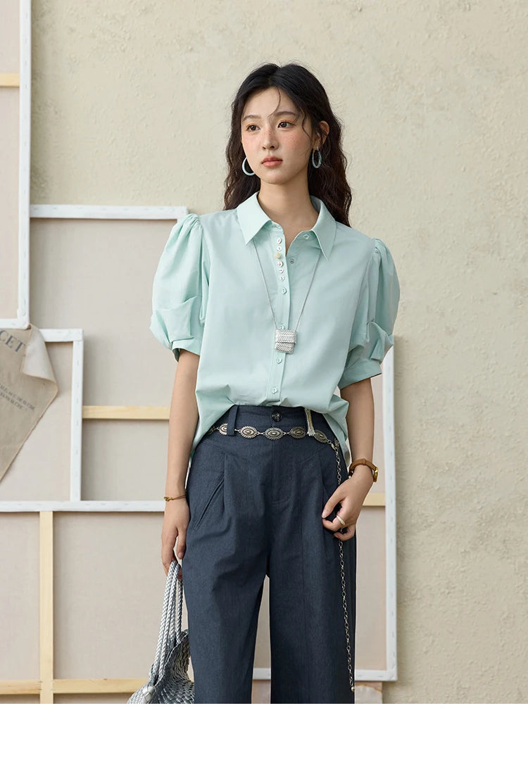 MISHOW Light Green Bubble Sleeve Shirt for Women Summer 2025 Lapel Collar Irregular Button Shirts Cotton Commuter Top MXE34C0788