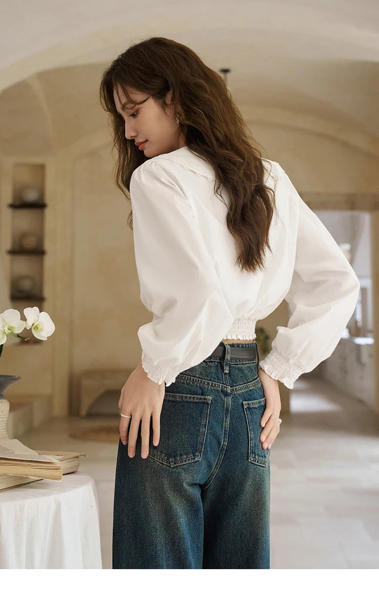 MISHOW Korean Doll Neck Shirt 2024 Spring Lace Patchwork Bubble Sleeve Elastic Hem Double Breasted Solid Short Tops MXD12C0164