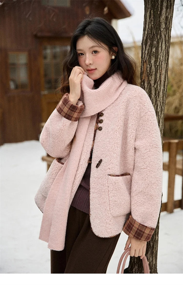 MISHOW Woman Plaid Patchwork Lamb Wool Coat 2025 Winter Round Neck Coat Commute Warm Loose Jacket （Without A Scarf）MXE90W0923