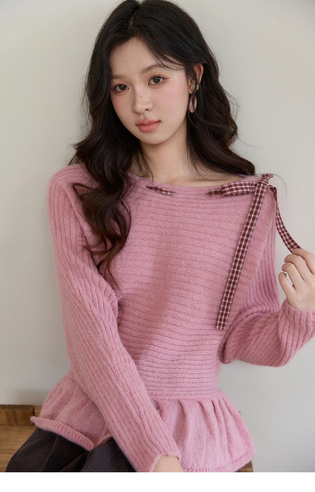 MISHOW Women's Pink Ribbed Knit Sweater 2026 Spring Plaid Bow Decor Peplum Hem Long Sleeve Casual Slim Pullover Tops MXF11Z3016