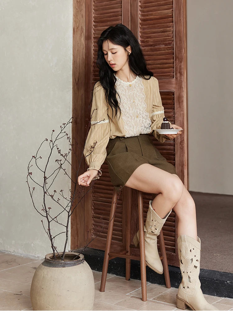 MISHOW Vintage Mesh Embroidery Blouse Women Lace Striped Lace Collar Long Sleeve Top French Lantern Sleeve Outwear  MXD47X1664