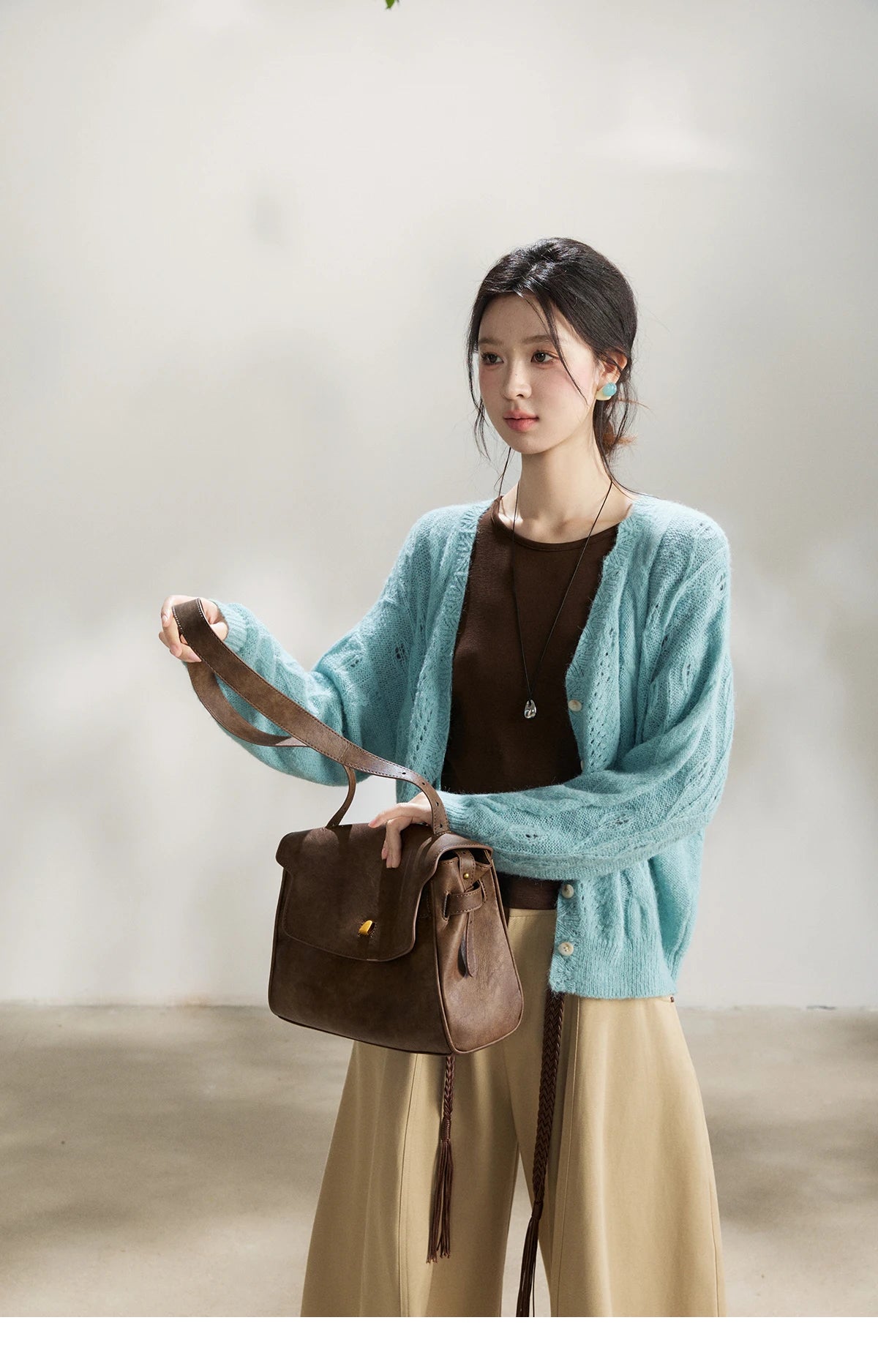 MISHOW Women's Blue Hollow Out Knit Cardigan 2026 Spring V Neck Wool Blend Tops Single Breasted Casual Thin Sweater MXF13Z2975