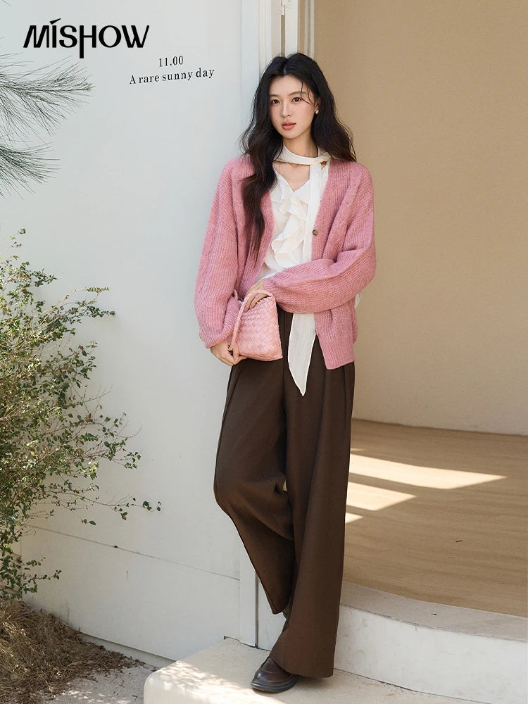 MISHOW Women's Dusty Pink Knitted Cardigan 2026 Spring V-Neck Single Breasted Tops Loose Casual Long Sleeve Outerwear MXF11Z2898