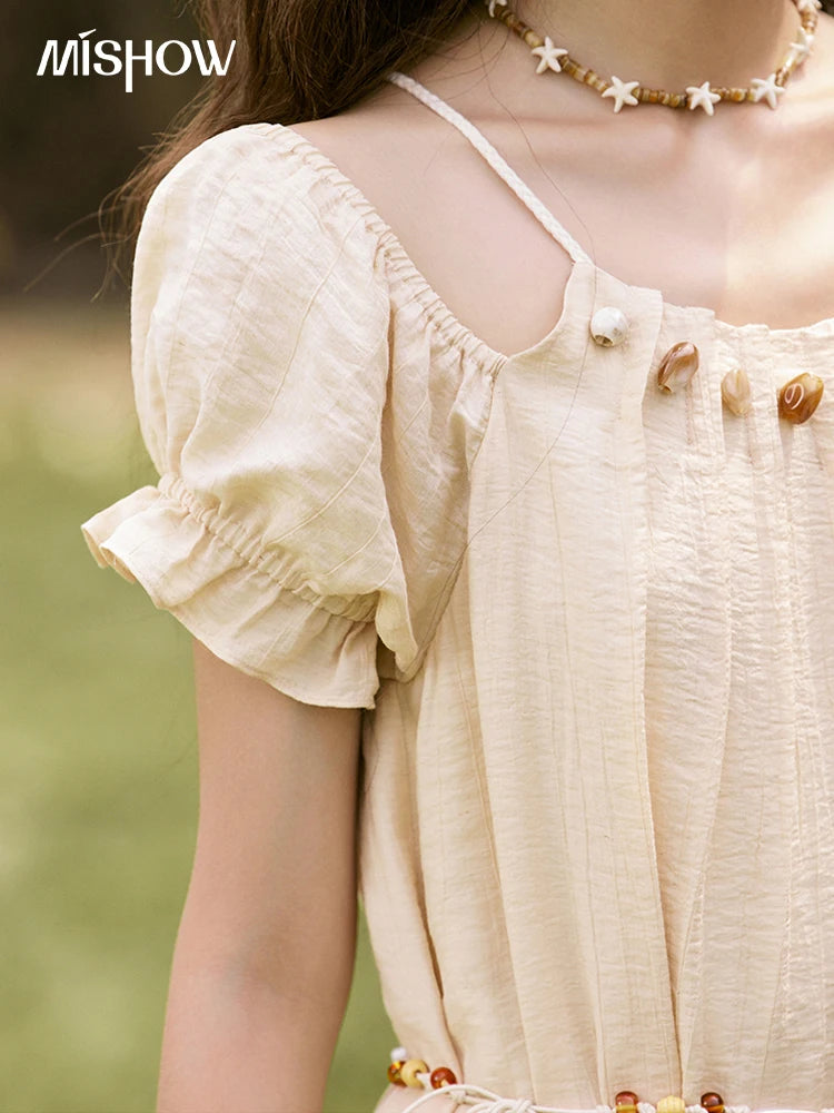 MISHOW French Holiday Summer Dresses Women Summer 2025 Short Sleeve Halter Neck Off-shoulder Long Dress Female New MXE31L2190