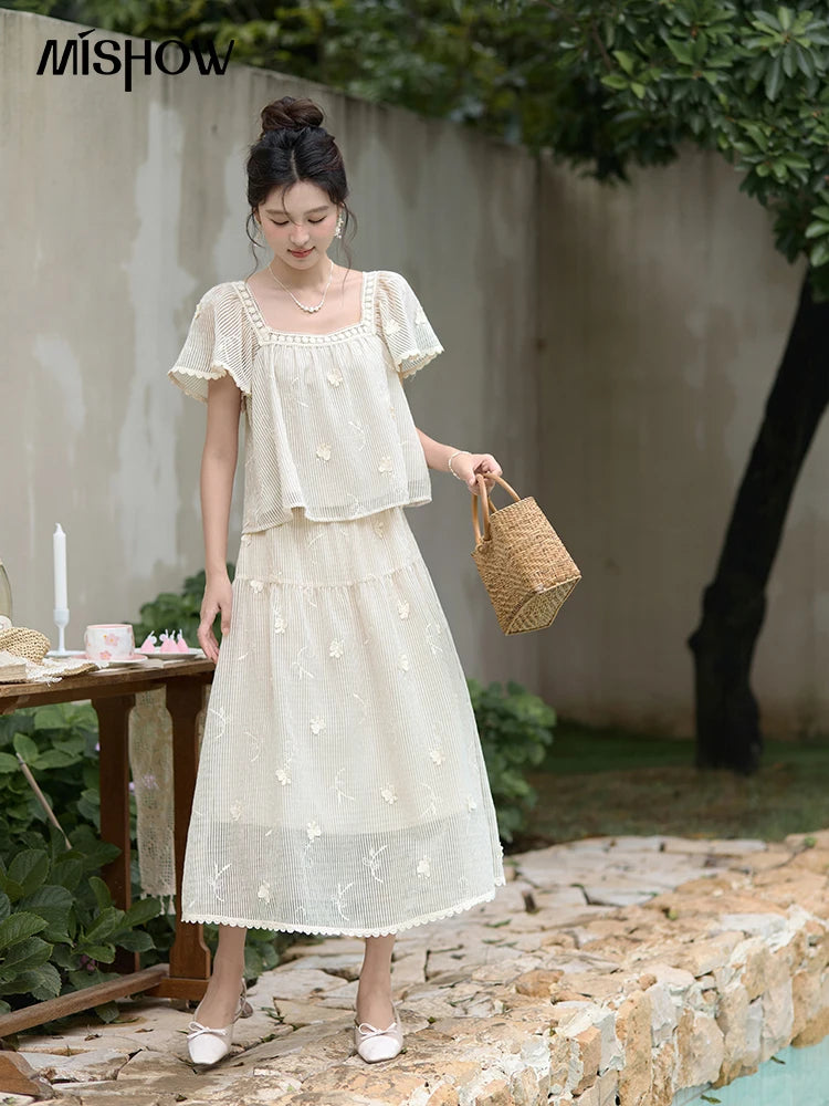 MISHOW Elegant Butterfly Flying Sleeve Blouses Elastic Waist Skirt Separately Summer Back Lace-up Top Midi Skirts MXD29X1559